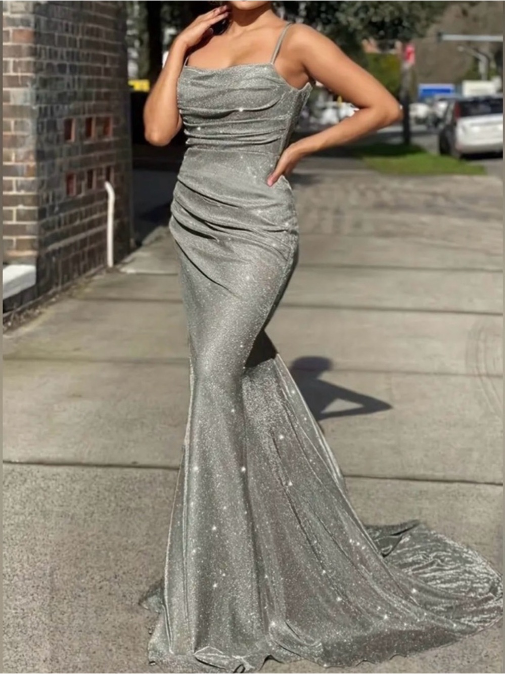 Silver Sparkle Cowl Neck Mermaid Dress